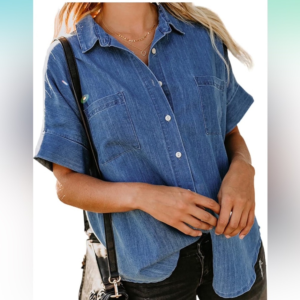 Astylish Womens Button Down Shirts V Neck Loose Casual Shirt